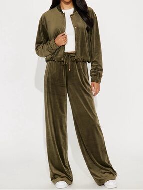 Olive Green Velvet Drawstring Wide-Leg Pants - Women
